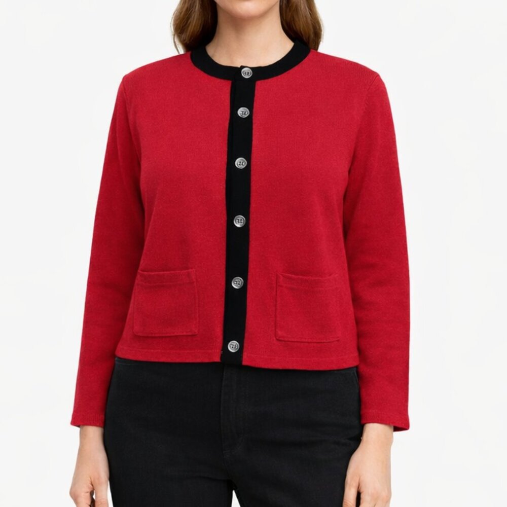 Lucia Red Acrylic Cardigan Black Velveteen Look Beaded Neckline Sweater Small
